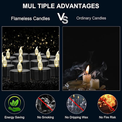 Battery Operated LED Tea Lights: 24PACK Flameless Votive Candles Lamp Realistic and Bright Flickering Holiday Gift Long Lasting 200Hours for Seasonal & Festival Celebration Black