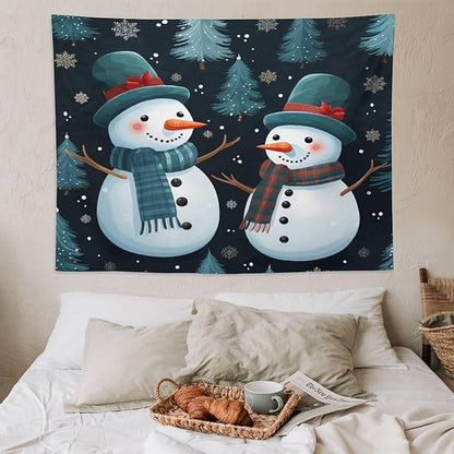 MaSiledy Tapestry Snowman Couple Tapestry Aesthetic Winter Snowflake Cute Cartoon Funny Snowman Wall Tapestries Wall Art Home Decoration for Bedroom Living Room Dorm Landscape 60"x80"
