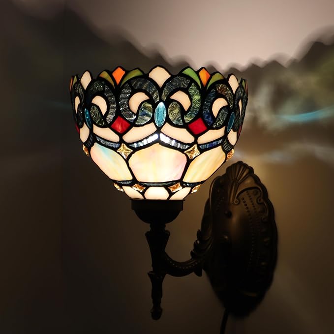 Tiffany Sconce Lamp Stained Glass Wall Lamp,8X10.5X11 Inch Plug in Wall Bedside Light for Hallway Bedroom (Seven Color Baroque)