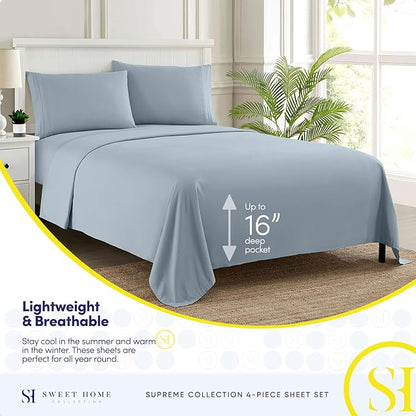 Twin XL Sheets - Breathable Luxury Sheets with Full Elastic & Secure Corner Straps Built In - 1800 Supreme Collection Extra Soft Deep Pocket Bedding Set, Sheet Set, Twin XL, Misty Blue