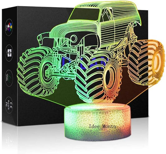 3D Night Lights for Children, Kids Night Lamp, Monster Trucks for Boys, 7 LED Colors Changing Lighting, Car Shape Acrylic Lighting Table Desk Bedroom Decoration, Cool Gifts Ideas Birthday Xmas