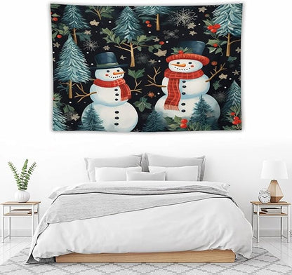 Snowman Couple Tapastry's Wall Hanging Christmas Winter Snowman Tapestry Vintage Aesthetic Tapestries Landscape Tapestry for Bedroom Aesthetic Home Decor 60"x90" Christmas Family Party