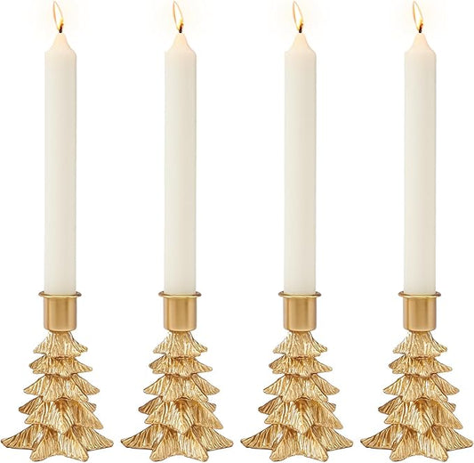 WDS WONDROUS Christmas Tree Candle Holders Set of 4 – Taper Candle Holders for Christmas Decorations, Gold Resin Candlestick Holders with Table Top, Metal, Dining Table Centerpieces & Holiday Decor