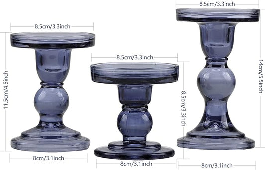 GMWD 3 Pcs Glass Candle Holder Set Clear, Blue Candlesticks Holders Pillar Taper Candles Tealight Stand for Wedding Centerpieces Home Decorations Dining Table