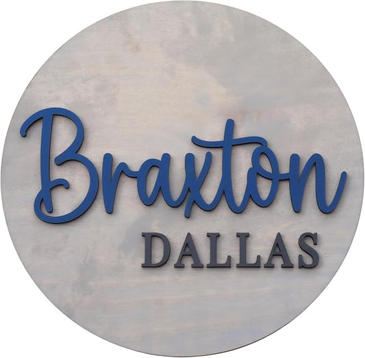 Custom Round Nusery Name Sign, Personalized 3D Baby Name Announcement Sign, Personalized Wooden Wall Plaque, 3D Wall Art for Children & Kids Rooms, Family Name Signs, 30 Colors (Design 4)
