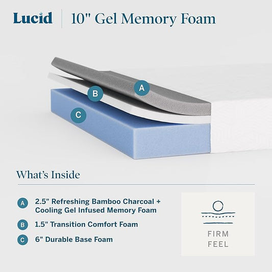 Lucid 10 Inch Memory Foam Mattress - Firm Feel - Infused with Refreshing Bamboo Charcoal and Cooling Gel - Bed in a Box - Temperature Regulating - Pressure Relief - Breathable - Twin Size
