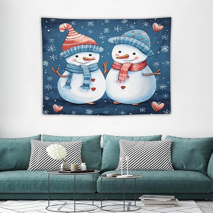 Tapestry Snowman Couple Wall Art Tapestry for Bedroom Aesthetic Cute Snowman with Hat And Scarf Tapestry As Wall Art Home Decor for Room Landscape 30"x40" Tapestries Winter Snowflake Decorative