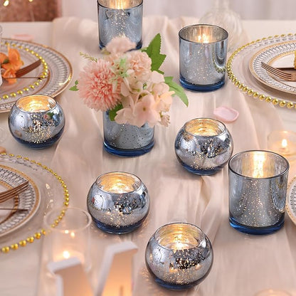 10 Pcs Assorted Blue Votive Candle Holders, Larger Size Mercury Glass Candle Holder, Blue Tea Light Candle Holders for Wedding Decorations, Centerpieces for Tables, Baby Shower