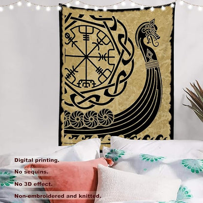 Batmerry Vikings Ancient Scandinavian Tapestry,Warship Boat Old Ancient Sea Wall Art Hanging Decoration Polyester Fiber White Ruffled Around for Dorm Room Bedroom Living Room, 59.1x39.4 inches