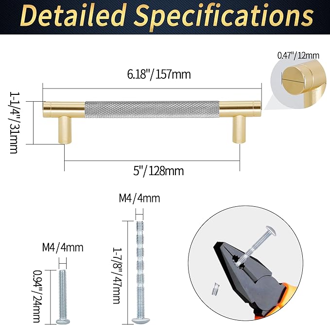 Knurled Cabinet Pulls 25 Pack, 6 Inch Long Cabinet Handles Metal Door Pulls, Kitchen Drawer Pull Knurled Dresser Handles - 5" Hole to Hole, Grey & Gold