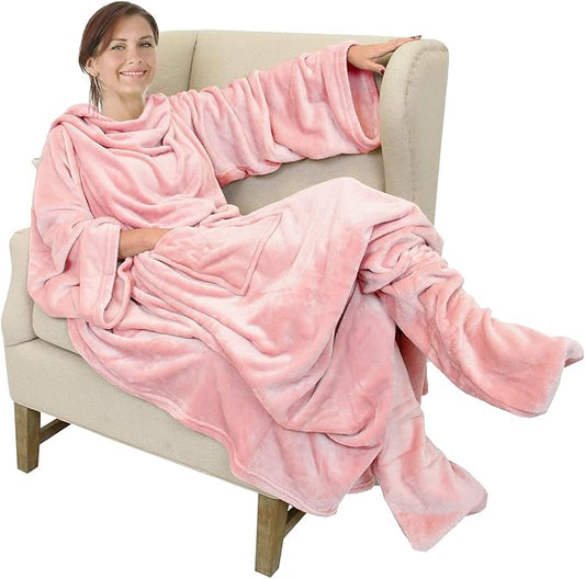 Catalonia Pink Wearable Fleece Blanket with Sleeves and Foot Pockets for Adult Women Men, Micro Plush Comfy Wrap Sleeved Throw Blanket Robe