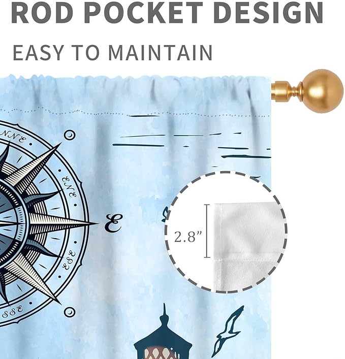 Nautical Curtains, Vintage Marine Coastal Sailboat Compass Anchor Ocean Beach Lighthouse Watercolor Blue Decorative Drapes for Bedroom Living Room Kitchen Bathroom Window 2 Panels Set, 84"x84" Inch