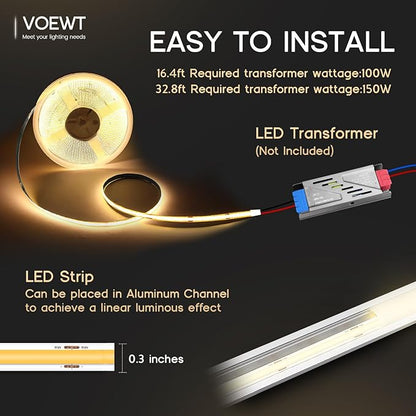 COB LED Strip Lights Warm White 3000K,16.4ft 24V High CRI 95Ra+ Super Bright,Flexible Tape Lights for Bedroom,Mirror,Kitchen Cabinet, Living Room(Power Supply Not Included)