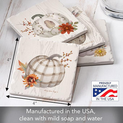 Thirstystone Fall Pumpkins 4 Pack Assorted Tumbled Tile Stone Coasters with Protective Cork Backing 4" Square Manufactured in The USA