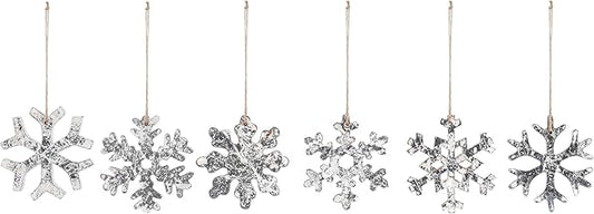 DEMDACO Cozy Time Silver Tone 4 x 4 Inch Wood Christmas Tree Decoration, Festive Holiday Décor, Distressed, Hanging Ornaments, Set of 6, Snowflake