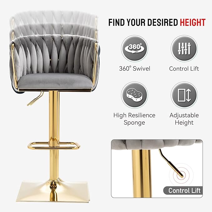 NIOIIKIT Bar Stool Set of 2, Velvet Upholstered Swivel Barstool, Counter Height Chair with Hand Woven Backrest, Dining Barstool with Footrest, Bar Chair for Kitchen Island, Pub (Grey)