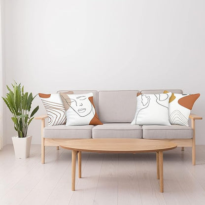 Ambesonne Minimal Throw Pillow Cushion Case Pack of 4, Modern Line Art Woman Portrait with Contemporary Leafy Geometric Details, Modern Accent Double-Sided Digital Printing, 18", Rust Tan and Mustard