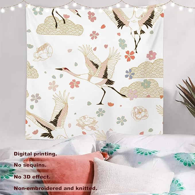 Batmerry White and Gold Japanese Tapestry,Rustic Wall Art Hanging Decoration Polyester Fiber White Ruffled Around for Dorm Room Bedroom Living Room, 59.1x59.1 inches