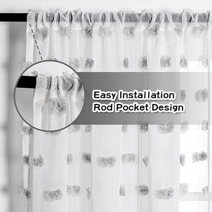 MYSKY HOME Pom Pom Sheer Curtains 2 Pack 37 x 84 in Long Grey Pom Pom Rod Pocket Voile Sheer Drapes for Bedroom, Living Room, Office