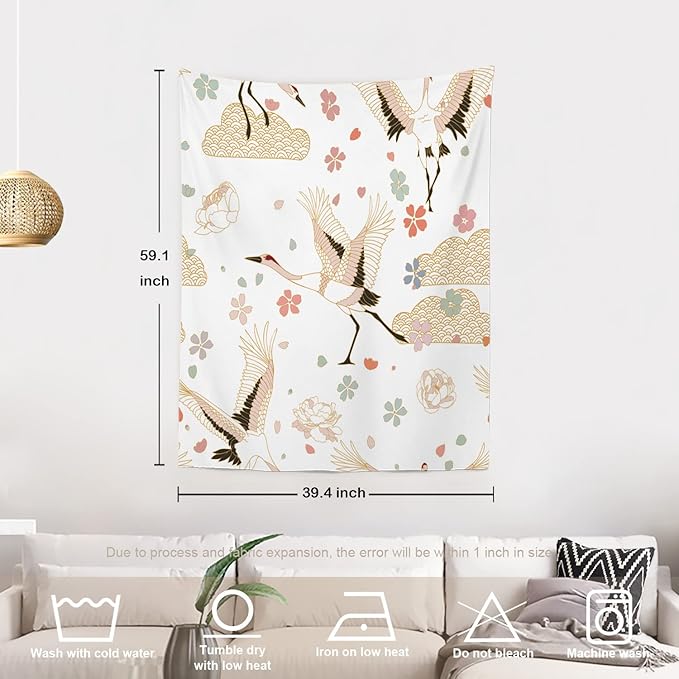 Batmerry White and Gold Japanese Tapestry,Rustic Wall Art Hanging Decoration Polyester Fiber White Ruffled Around for Dorm Room Bedroom Living Room, 59.1x39.4 inches
