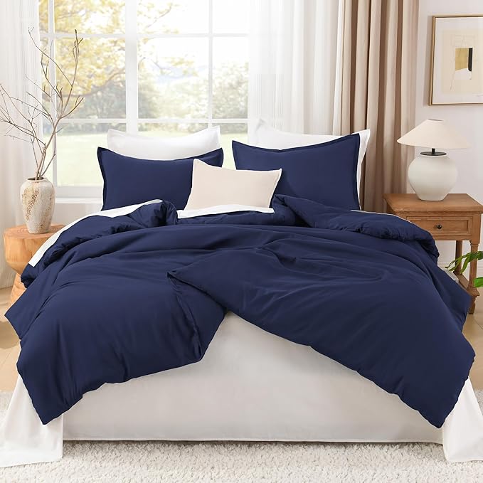 Litanika Navy Blue Comforter Set Full Size, 3 Pieces Boys Men Lightweight Solid Bedding Comforter Set, All Season Fluffy Down Alternative Bed Set (79x90In Comforter & 2 Pillowcases)