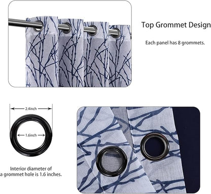 BONZER Mix and Match Curtains - 2 Pieces Branch Print Sheer Curtains and 2 Pieces Blackout Curtains for Bedroom Living Room Grommet Window Drapes, 54x63 Inch/Panel, Indigo, Set of 4 Panels