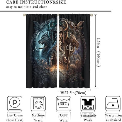 Cool Norse Viking Theme Curtains - Fantasy Ancient Symbols Wildlife Wolf Nordic Vikings Thermal Insulated Blackout Curtains - Rod Pocket Window Treatment Drapes for Bedroom 2 Panels 63L x 27.5W