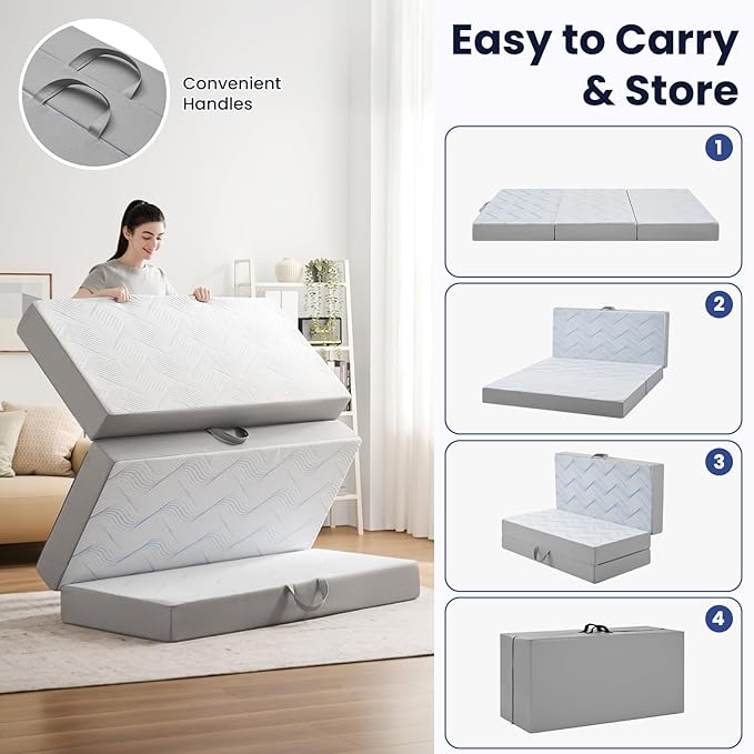 Foldable Mattress Queen 6 inch -Portable White Memory Foam Folding Matress with Washable Cover for Camping Travel Guest Room Home Use-Non-Slip&Easy Storage