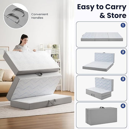 Foldable Mattress Twin 6 inch -Portable White Memory Foam Folding Matress with Washable Cover for Camping Travel Guest Room Home Use-Non-Slip&Easy Storage