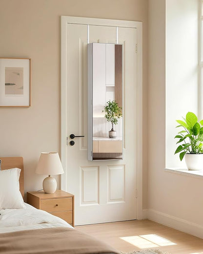 Nicetree Jewelry Armoire with Mirror, Wall/Door Mounted Jewelry Cabinet, Lockable Jewelry Organizer with Full-Length Mirror, Frameless Mirror with Storage, Black Lining