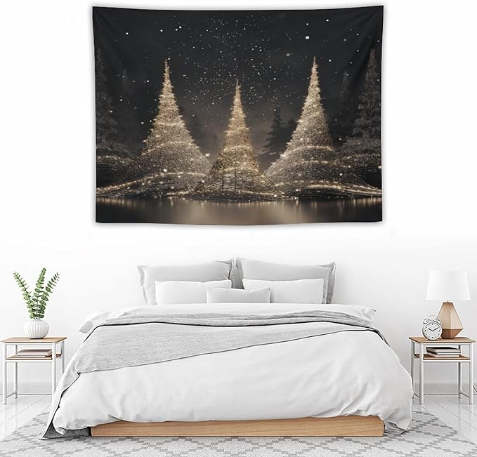 MaSiledy Tapestry Silver Lighted Christmas Trees Aesthetic Bedroom Tapestries Hello Winter Holiday Tapestry As Wall Art Wall Hanging Decor Tapestry for Bedroom Aesthetic Alt Room Landscape 30"x40"