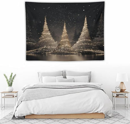 MaSiledy Tapestry Silver Lighted Christmas Trees Aesthetic Bedroom Tapestries Hello Winter Holiday Tapestry As Wall Art Wall Hanging Decor Tapestry for Bedroom Aesthetic Alt Room Landscape 30"x40"