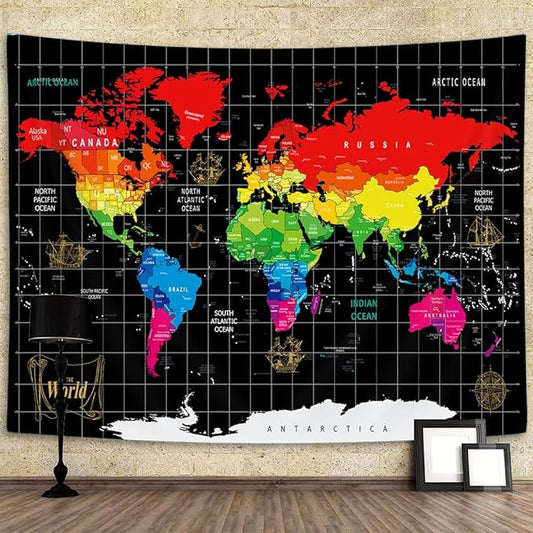 World Map Tapestry, Black Map World Vintag Topography Educational Wall Art Tapestries，Asia Europe South City Topography America Africa Japan Tapestry Wall Hanging 80X60 Inch