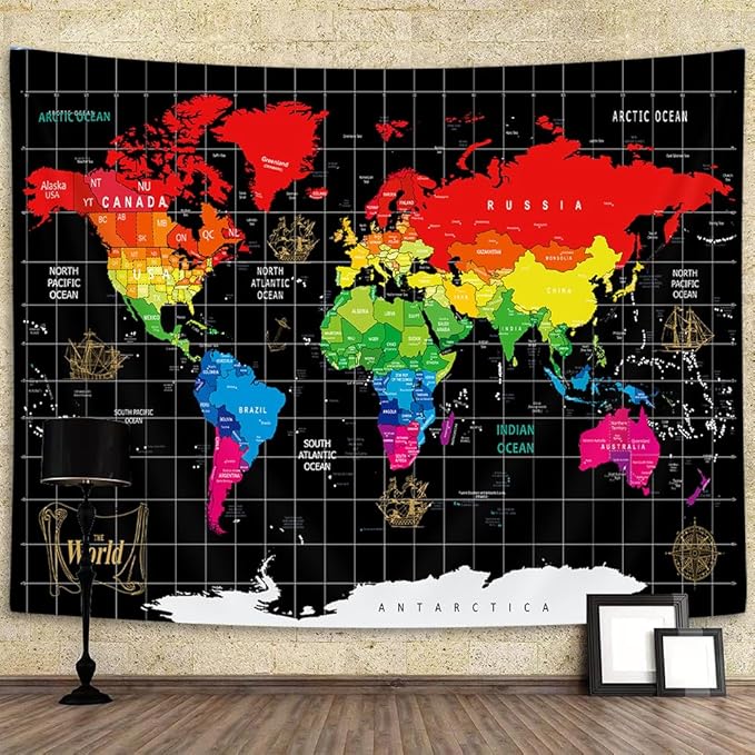 World Map Tapestry, Black Map World Vintag Topography Educational Wall Art Tapestries，Asia Europe South City Topography America Africa Japan Tapestry Wall Hanging 60X40 Inch
