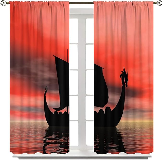 Viking Ship Curtains, Fantasy Ocean Vintage Sailboat at Sundown Nautical Themed Print Blackout Window Treatments for Boys Bedroom Living Room 55x63in
