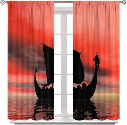 Viking Ship Curtains, Fantasy Ocean Vintage Sailboat at Sundown Nautical Themed Print Blackout Window Treatments for Boys Bedroom Living Room 55x63in