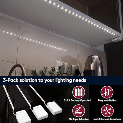 Battery Powered LED Strip Lights, 3 Pack 40 Inch Cordless White LED Light Strips for Shelves and Under Cabinet Indoor Use, Battery Operated LED Strip Lights, Cool White 6500K
