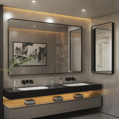 ISKM Silver Framed Mirror for Wal Bathroom Mirror for Wall 48" x 40" Matte Framed Vanity Mirror Anti-Rust, Tempered Glass, Rounded Rectangle Mirror(Horizontal/Vertical)