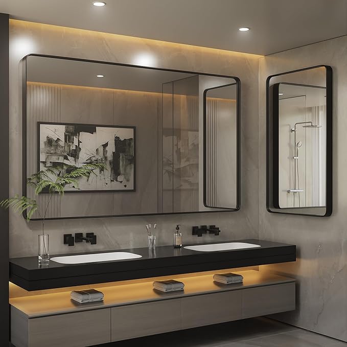 ISKM Black Framed Mirror for Wall 20"x 16", Bathroom Vanity Mirror Anti-Rust, Tempered Glass, Rounded Rectangle Mirror(Horizontal/Vertical)