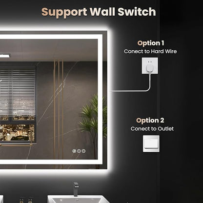 48"X36" LED Bathroom Mirror with Front Lights and Backlit, Anti-Fog, Dimmable, Shatter-Proof Tempered Glass, Lighted Bathroom Vanity Mirror for Wall with 3 Colors, Memory Function