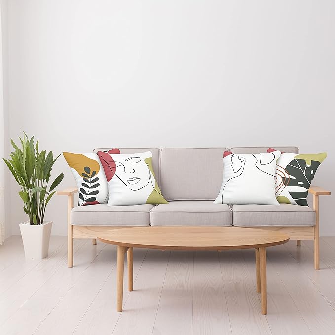 Ambesonne Minimal Throw Pillow Cushion Case Pack of 4, Modern Line Art Woman Portrait Contemporary Leafy Geometric Details, Modern Accent Double-Sided Digital Printing, 16", Olive Green and Dark Coral