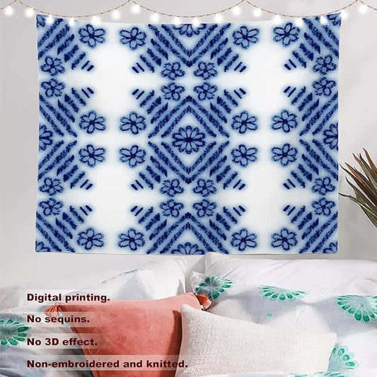 Batmerry Blue Art Flower Tapestry, Blue White Ceramic Glaze Tie Dye Wall Art Hanging Decoration Polyester Fiber White Ruffled Around for Dorm Room Bedroom Living Room, 59.1x82.7 inches