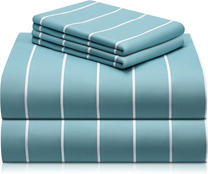 LuxClub 4 PC Queen Size Sheet Set Bed Sheets, Breathable Luxury Deep Pockets Wrinkle Free Cooling Sheets Machine Washable Hotel Bedding (Queen, Striped Light Blue)