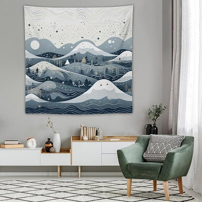 Snow Mountain Scandinavian Winter Tapestries Rustic Country Holiday Tapestries for Bedroom Aesthetic Landscape Tapestry Wall Art for Living Room Dorm 60"x60" Tapestries Winter Snowflake Decorative