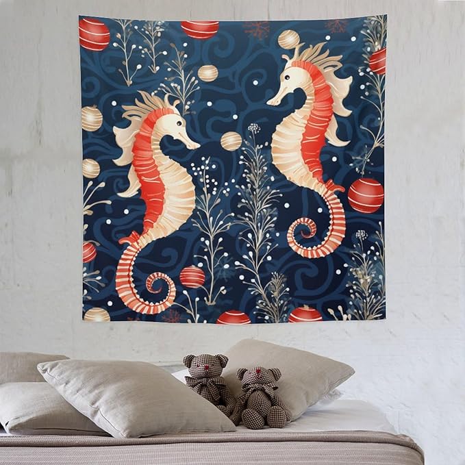 MaSiledy Seahorse Christmas Kiss Beach Tapestries Ocean Theme Tapestry Vintage Aesthetic Tapestries Landscape Tapestry for Bedroom Colorful Wall Hanging Aesthetic Wall Art For Room Decor 60"x60"
