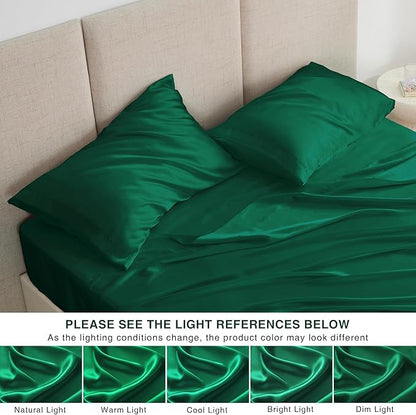Love's cabin Full Size Satin Sheet Set - 4 Piece Dark Green Silky Satin Sheet Set with Deep Pocket, Luxury Silk Feel Satin Bed Sheets Full Bedding Set (1 Flat Sheet,1 Fitted Sheet,2 Pillow Cases)