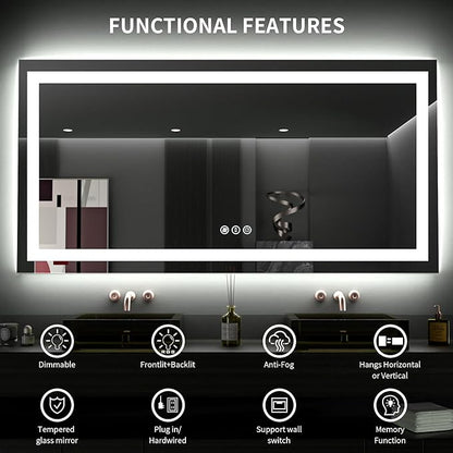 LOAAO 60X36 LED Bathroom Mirror with Lights, Anti-Fog, Dimmable, Backlit + Front Lit, Lighted Bathroom Vanity Mirror for Wall, Memory Function, Tempered Glass, ETL Listed