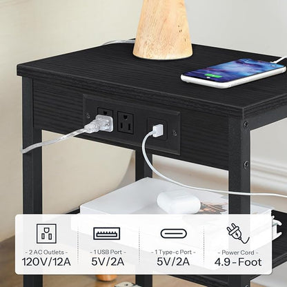 HOOBRO End Table Set of 2 with Charging Station and USB Port, 3-Tier Nightstands with Adjustable Shelf, Small Side Tables for Small Space in Living Room, Bedroom and Balcony, Black BB112BZP201