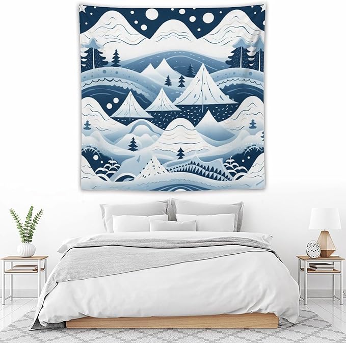 MaSiledy Snow Mountain Scandinavian Winter Tapestries Happy Winter Holiday Wall Art Tapestry for Bedroom Aesthetic Landscape Tapestry Wall Hanging for Bedroom Living Room Dorm Decor 60"x60"