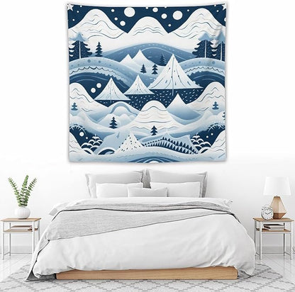 MaSiledy Snow Mountain Scandinavian Winter Tapestries Happy Winter Holiday Wall Art Tapestry for Bedroom Aesthetic Landscape Tapestry Wall Hanging for Bedroom Living Room Dorm Decor 60"x60"